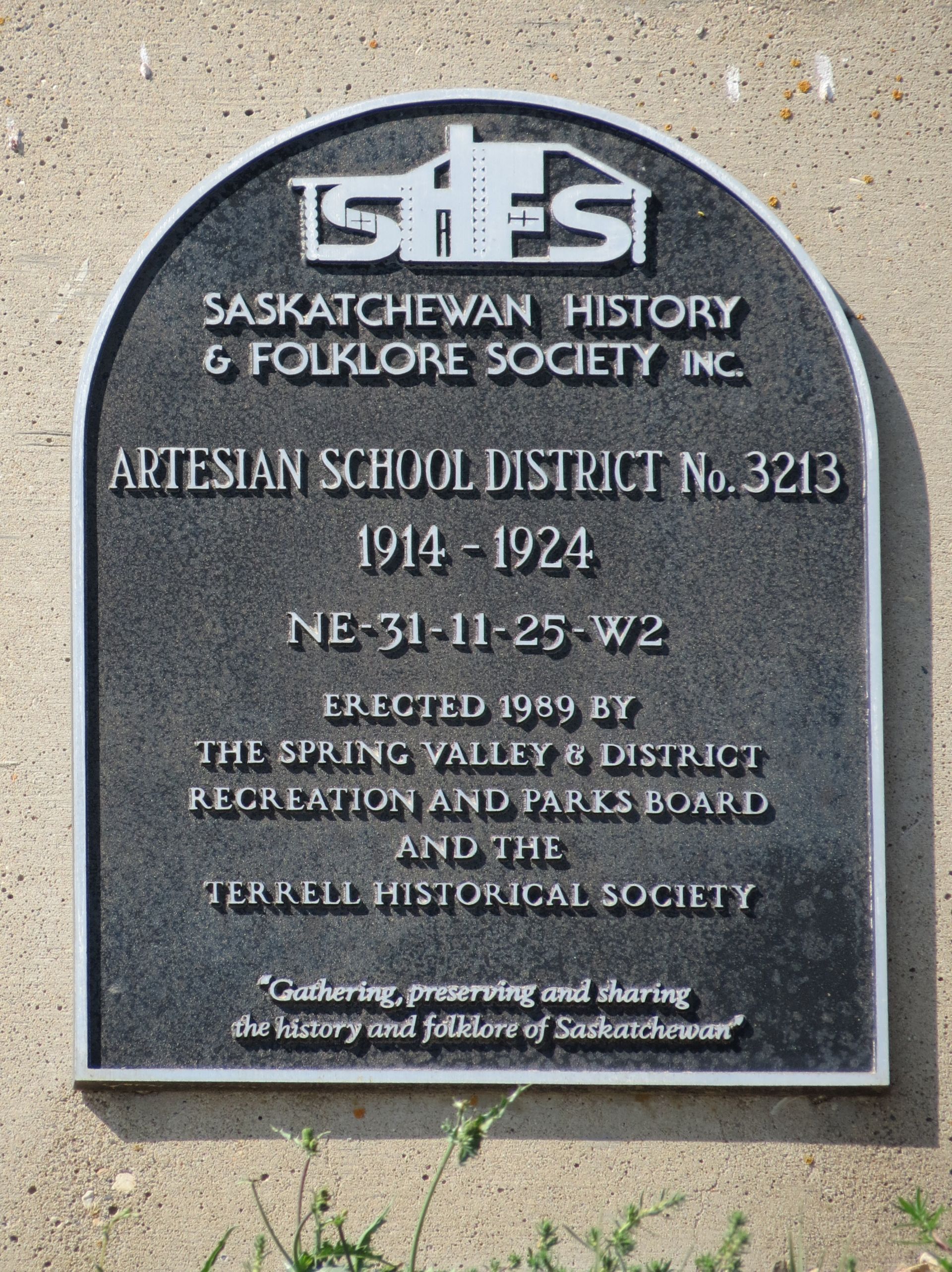  Artesian	School District # 3213, 		North East quarter of Section 31 Township 11 range 25 west of the 2nd meridian,	Spring Valley,  Saskatchewan